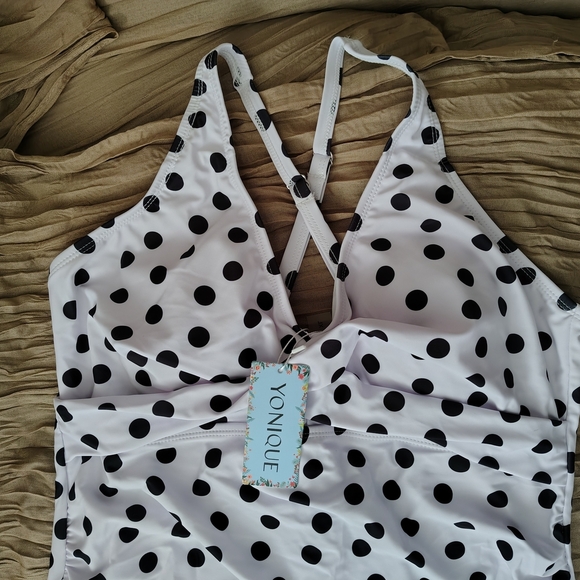 Yonique Women's V-Neck Tankini Top Swimwear Tummy Control-White Polka Dots Sz XL - Picture 4 of 11